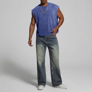 Mens Acid Wash Cropped Tank <b>Tops</b> Dolman Sleeve Oversized Vintage Muscle Sleeveless Boxy <b>Crop</b> <b>Top</b> 100% Cotton Badge <b>Sequined</b> - Product Image 2