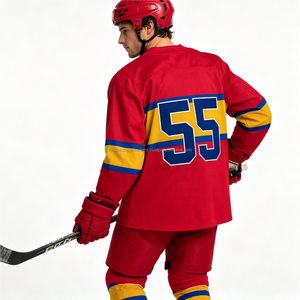 Camiseta de hockey sobre hielo roja personalizada, cuello en V, manga larga, nombre y número personalizados, uniforme de equipo unisex, transpirable, ecológico, 100% - Product Image 3