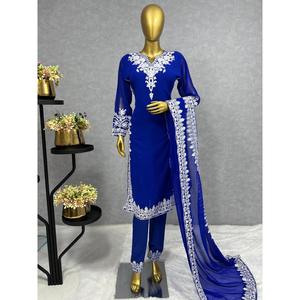 ATRACTIVE GEORGETTE BORDADO HILO TRABAJO TOP BOTTOM CON DUPATTA AZUL - Product Image 1