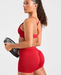 Ensemble short et soutien-gorge de sport côtelé rouge sur mesure pour femme, haute qualité, respirant, coupe ajustée, longueur cheville, toutes saisons - Product Image 3