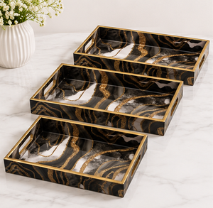 Luxury <b>Black</b> Marble Resin Serving Tray Set Handmade Decorative Coffee <b>Table</b> Ottoman <b>Vanity</b> Display Tray Set Custom - Product Image 4