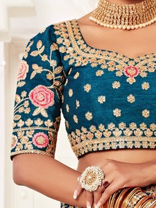 Blue Modern A-Line Satin Floral Embroidered Lehenga Choli Set with <b>Sequin</b> and Zari for Women's Empire Waist Wedding Dress - Product Image 3