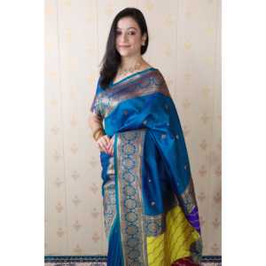 Sari en soie douce bleue Banarasi avec pallu multicolore, tissé avec des fils zari, style indien pakistanais - Product Image 3