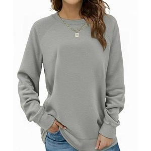 Sweat-shirt gris à col rond pour femme, manches longues, couleur unie, tricoté en coton, décontracté, pour l'automne, avec poches - Product Image 1