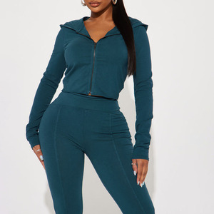 Breathable Cropped Women's 2 Piece Knitted Hooded Zipper <b>Top</b> With Flared Pants Solid Zinc Casual Set Full Sleeve Washed Set - Product Image 3