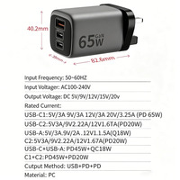 Chargeur GaN 65W PD avec prise US/UK/EU, 2 ports Type-C + USB-A, charge rapide multi-ports à basse température, certifié FCC CE UKCA pour appareil photo