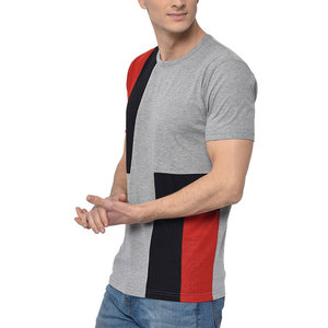 T-shirt à manches courtes pour homme, gris, rouge, noir, à blocs de couleur, col rond, décontracté, coupe régulière, tricoté, 100% coton, devant uni - Product Image 6
