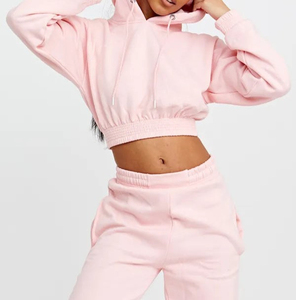 Ensemble de survêtement décontracté deux pièces pour femme, couleur unie, à capuche, manches longues, en molleton, coupe courte, 100 % coton, entièrement respirant - Product Image 2