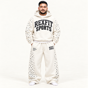 REXFIT SPORTS <b>Men's</b> Hoodie Tracksuit Set <b>White</b> Cotton French Terry Printed Casual Autumn Wear <b>Joggers</b> - Product Image 3