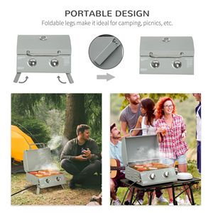 Light Grey 2-Burner Propane Gas <b>Tabletop</b> BBQ Grill Portable with Foldable Legs and Lid Thermometer for Camping - Product Image 5