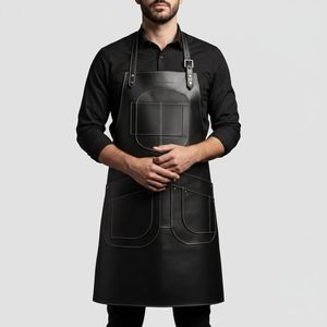 Black Full Grain Leather Bib Sleeveless Apron for Men | Chef Barber <b>BBQ</b> Blacksmith | Reusable Adjustable Buckle Strap Multi - Product Image 2