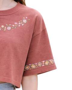 เสื้อยืดครอปผู้หญิงสีชมพูอมเทา ปักลายดอกไม้ แขนสั้น สไตล์ลำลอง แฟชั่น ผ้าคอตตอนผสม เนื้อนุ่ม เสื้อผู้หญิงสำหรับฤดูร้อน ขายส่งขายปลีก - Product Image 3