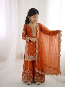 Girls Fendy <b>Silk</b> <b>Kurta</b> Palazzo Set with Dupatta Embroidery Sequence Work Kids Ethnic Wear Festive Wedding Party Designer Outfit - Product Image 4