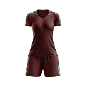 Maillot de football femme rayé bordeaux et turquoise, style rétro tendance, coupe ajustée, 100 % polyester respirant, col en V, sublimation - Product Image 1