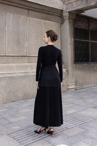 Vestido Midi Elástico de Verano con Cuello Alto, Manga Regular, Rayas y Botones, Estilo Minimalista y Sencillo, Tejido Mousse Negro, ODM OEM - Product Image 4