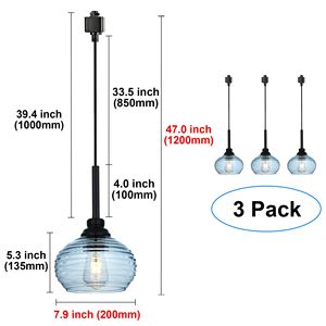 Suspension luminaire sur rail 3 lumières de type H avec abat-jour en verre à effet vague d'eau bleue, éclairage décoratif élégant, lustres et suspensions - Product Image 2