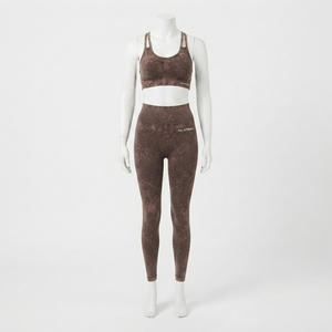 <b>Women</b> <b>Brown</b> Acid Wash Yoga Set Racerback Sports Bra High Waist Seam Detail <b>Leggings</b> Gym Fitness Workout Activewear - Product Image 1