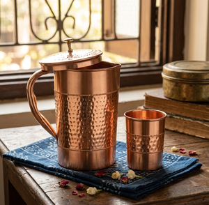 High-Quality Hammered/Lined Pure Copper Pitcher Set | Anti-Oxidant Coated Copper Water <b>Jug</b> & Glasses Vintage Elegant Copperware - Product Image 3