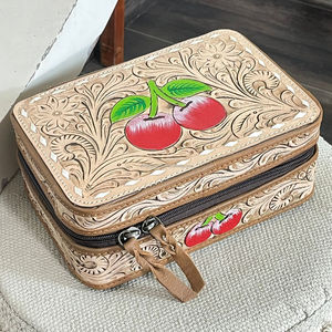 OEM ODM New Hand <b>Tooled</b> Leather Jewelry Case Cheery Design Genuine Cow Leather <b>Small</b> Travel Jewelry <b>Box</b> with Zipper for Women's - Product Image 4