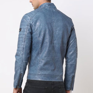 Men's Blue Washed Cow Leather Moto <b>Jacket</b> Stand Collar Zipper Closure <b>Slim</b> <b>Fit</b> Autumn Biker Style Regular Sleeve - Product Image 3