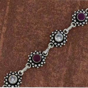 Bracelet pour femme en argent pur, chaîne fine, motifs floraux circulaires tendance avec pierres colorées effet diamant, 15g - Product Image 1