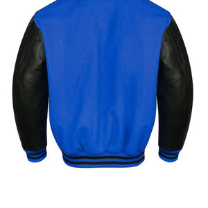 Men's Blue Varsity <b>Jacket</b> With Black PU Sleeves Stand Collar Casual Autumn Wear Regular Fit Button Closure - Product Image 5
