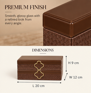 <b>Chocolate</b> Brown Glass Jewelry Storage <b>Box</b> with Clover Metal Accent Textured Finish Soft Lining Decorative Keepsake and Vanity Or - Product Image 3