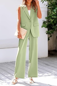 Women Sleeveless <b>Blazer</b> <b>Set</b> Solid Color Wide Leg Pants Two Piece Suit Formal Spring Summer Woven Fabric Notched Collar - Product Image 2
