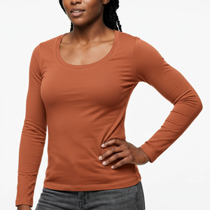 Women's <b>Under</b> <b>Layer</b> Scoop Neck Long Sleeve Tee Slim Fitted Stretch Cotton Soft Fabric Custom Logo OEM Wholesale Factory - Product Image 1