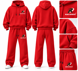 <b>Red</b> <b>Women</b> <b>Hoodie</b> and Sweatpants Set Loose Fit Jogger Tracksuit Casual Streetwear Sweatshirt Outfit 100% Cotton Autumn Winter ODM - Product Image 3