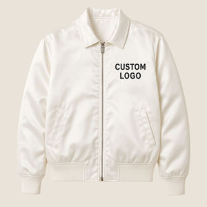 Chaqueta Universitaria Blanca de Satén - Chaqueta Bomber Personalizada con Letras Bordadas - Cuello Plegable, Cierre de Cremallera - Product Image 1