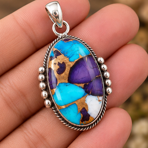 Colgante de Plata con Dalia Púrpura y Turquesa para Mujer, Estilo Boho del Suroeste, Joyería de Plata Vintage, Regalo para Ella - Product Image 1