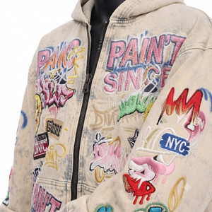 Mens Oversized Vintage Wash <b>Full</b> <b>Zip</b> <b>Hoodie</b> Heavyweight 100% Cotton Fleece Embroidered Cartoon Print Graffiti Typography - Product Image 6
