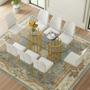 Tavolo da Pranzo Ovale di Lusso in Vetro Temperato da 71 Pollici e Set di 8 Sedie Bianche in PU con Colonna Doppia Dorata, Arredamento per Sala da Pranzo - Product Image 1