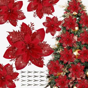 Set di 16 Fiori di Poinsettia Artificiali, Decorazioni Natalizie Glitterate con Clip per Albero di Natale - Product Image 1