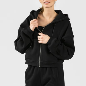 Sudadera con capucha extragrande cremosa para mujer, con cremallera, manga larga, color liso, de punto, forro polar de algodón, para otoño - Product Image 6