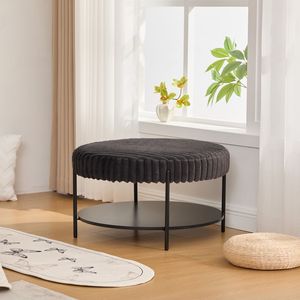 Tavolino da Caffè Rotondo Imbottito da 78,5 cm con Gambe in Metallo Nero, Ripiano Aperto Effetto Legno e Poggiapiedi - Product Image 4