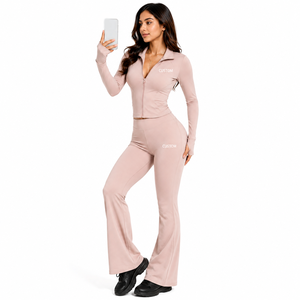 Ladies Nude Fitness Set Fitted <b>Zipper</b> <b>Jacket</b> Wide Leg Yoga Trousers Set High Rise Workout Apparel Private Label 2 Piece Yoga Set - Product Image 3