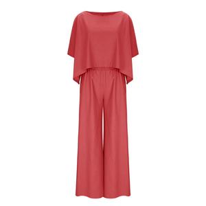 Women's Linen-Blend Simple Relaxed Fit Two-Piece Set V-neck Dolman Sleeve <b>Top</b> Matching Wide Leg Pants Relaxed Outfit Beach Wear - Product Image 1