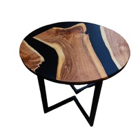 Table basse ronde moderne en bois massif et résine époxy faite à la main avec design rivière océanique, luxe