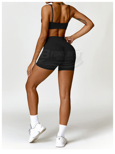 ชุดเซ็ต 2 ชิ้น เสื้อชั้นในกีฬาเอวสูงและกางเกงโยคะ/ขาสั้น ชุดออกกำลังกายสำหรับผู้หญิง สีพื้น แห้งเร็ว เป็นมิตรกับสิ่งแวดล้อม - Product Image 3