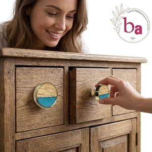 Ba Modern Round <b>Brass</b> Drawer <b>Knob</b> with Wood and Turquoise Inlay Eco-Friendly for Cabinet Furniture Home Office & Living Room Use - Product Image 5