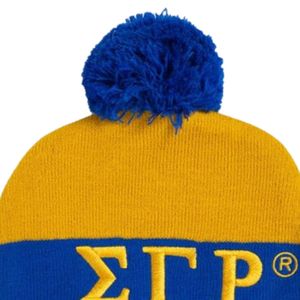 หมวกบีนนี่ SGRHO แบบกำหนดเอง ปักตราสัญลักษณ์ Sigma Gamma Rho สีน้ำเงินทอง สำหรับชมรมพี่น้องชาวกรีก พร้อมพู่ห้อย ถักไหมพรม สำหรับฤดูหนาว อุ่นสบาย มีขอบพับ - Product Image 5