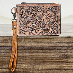 Monedero de Cuero Genuino con Grabado Floral y Cierre de Cremallera, Porta Tarjetas ATM para Mujer, Estilo Occidental, para Uso Diario - Product Image 4