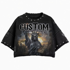 Camiseta Glory Custom con efecto desgastado, lavado ácido y pedrería, 100% algodón, estilo vintage, gráfico, corta, unisex, para ropa urbana. - Product Image 4