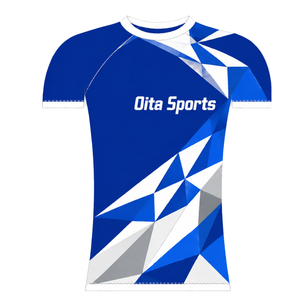Camiseta Deportiva de Manga Corta Azul Rey y Blanca con Cuello Redondo, Diseño Geométrico, Compresión Atlética para Entrenamiento de Alto Rendimiento - Product Image 1