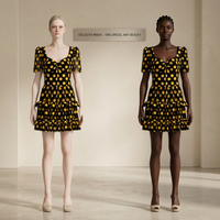 Robe élégante noire et jaune à pois pour femme, robe courte à volants et manches bouffantes à col en V pour fête d'été