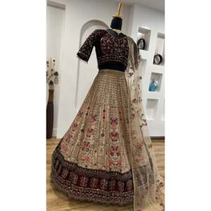 Lehenga Choli de Boda Beige de Diseñador FB en Poliéster con Trabajo de Hilo de Lentejuelas Dori - Product Image 1