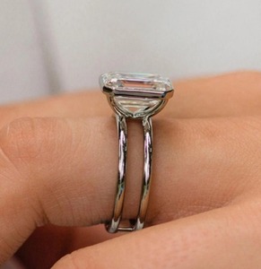 Bezel Set Emerald Cut Diamond Ring with White Stone Dual Shank Sterling Silver Birthstone Jewelry <b>for</b> <b>Her</b> Stylish <b>Present</b> - Product Image 4