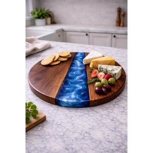 Plateau tournant rond en bois avec incrustation de marbre, design minimaliste fait main pour les plats et assiettes de fête - Product Image 2
